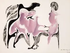 Un coup de foudre by Jules Perahim, 1970, guașă și acuarelă pe hârtie lipită pe carton, sold Nov 2025