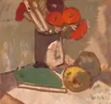 Ion Popescu Negreni, Flori, pensule și cărți, ulei pe carton