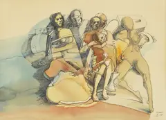 Rudolf Labaš, Društvo, 1984, tuš i akvarel na papiru