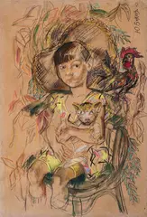 Yuri Bukov, Portrait of a girl with a rooster and a kitten, 2010, oil pastel on linoleum