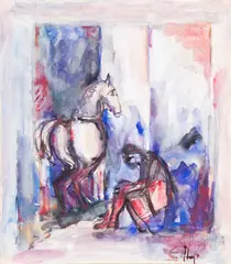 The white horse by Encho Pironkov, watercolor on paper laid to hardboard, sold Nov 2025
