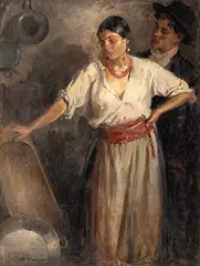 Întâlnirea by Nicolae Vermont, 1907, ulei pe pânză lipită pe carton, sold Oct 2025