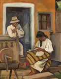 Traian Bilţiu Dăncuş, Pe prispa casei, 1947, ulei pe carton