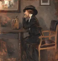 Așteptând avocatul by Nicolae Vermont, 1914, ulei pe carton, sold Oct 2025