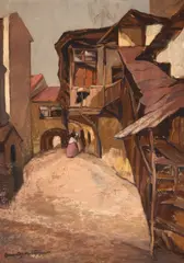 Mina Byck Wepper, Uliță din Sighișoara, 1925-1930, ulei pe carton