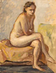 Nud în atelier by Samuel Mützner, anii '40, ulei și guașă vernisată pe hârtie, sold Oct 2025