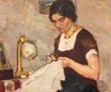 Călin (Calinic) Alupi, Cusătoreasă, 1932, ulei pe carton