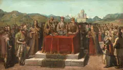 Inaugurarea Mânăstirii Curtea de Argeș by Sava Henția, 1900, ulei pe pânză, sold Oct 2025