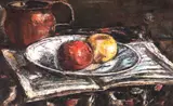 Natura statică cu fructe / Lucreția la malul mării by Gheorghe Petrașcu, anii '30, ulei pe carton, sold Oct 2025
