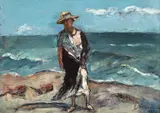 Lucreția la malul mării by Gheorghe Petrașcu, 1937, ulei pe carton, sold Oct 2025