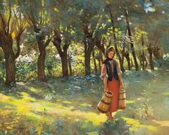 Nicolae Grant, De la izvor, cca. 1925, acuarelă și guașă pe hârtie lipită pe carton