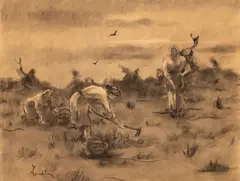 Ștefan Luchian, La cules de cartofi, 1907-1910, cărbune pe hârtie lipită pe carton