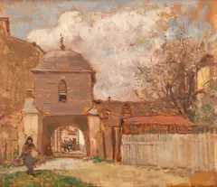 Clopotniță la Târgoviște by Nicolae Vermont, cca. 1925, ulei pe carton, sold Oct 2025