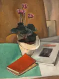 Tache Papatriandafil, Natură statică cu cyclamen și album de artă, 1935-1937, ulei pe pânză