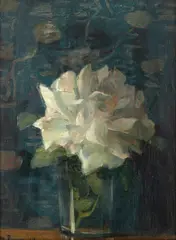 Pahar cu trandafir alb by Stefan Popescu, 1913, ulei pe lemn, sold Oct 2025