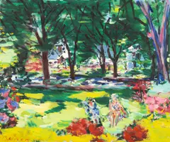 În grădină by Dimitrie Berea, 1970, ulei pe pânză, sold Oct 2025