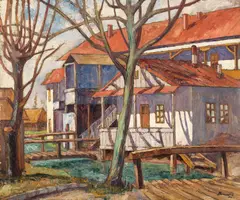 Case din Câmpulung by Marius Bunescu, 1932, ulei pe carton, offered Oct 2025