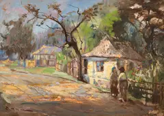 Vecini pe uliță by Nicolae Enea, 1927-1930, ulei pe carton, sold Oct 2025