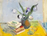 Alexandru Ciucurencu, Natură statică cu lalele și cărți, 1947, ulei pe carton