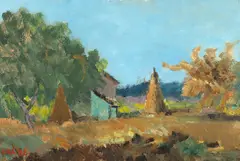 Peisaj de țară by Henri Catargi, 1972, ulei pe carton, sold Oct 2025