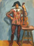 Iosif Iser, Arlechin cu chitară, 1938, guașă vernisată pe hârtie