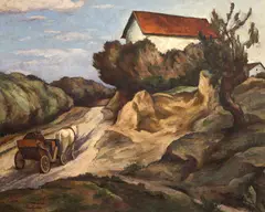 Uliță din Huși by Adam Bălţatu, mijlocul anilor '20, ulei pe carton, sold Oct 2025