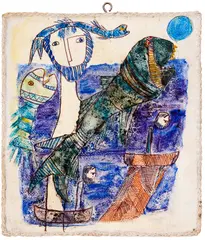 Sea creatures by Lika Yanko, 1989, tempera and rope on canvas laid on wood, sold Oct 2025