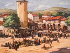 Nikola Tanev, Karlovo Market, 1940s, oil on plywood