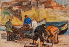 Dimo Nikolov, Fishermen in Sozopol, 1952, pastel and ink on paper