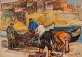Dimo Nikolov, Fishermen in Sozopol, 1952, pastel and ink on paper