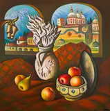 Stoyan Domuschiev, Still Life at Rila Monastery, 1980s, oil on fiberboard