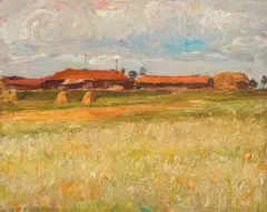 Near the fields of the Fakulteta district by Ivan Vukadinov, 1960s, oil on canvas laid on cardboard, sold Oct 2025