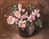 Still life with rosehip blossom by Tsvetana Shtiliyanova, 1974, oil on canvas, offered Oct 2025