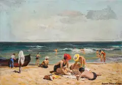 Chess on the beach by Boris Stefchev, 1969, oil on canvas, sold Oct 2025