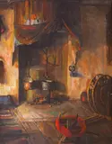 Anastas Staykov, In front of the fireplace, 1959, oil on canvas