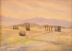 Ivan Lukarov, Sunset near Prilep, 1941, watercolor on paper
