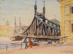 Preslav Karshovski, Liberty Bridge in Budapest, 1960s, watercolor and ink on cardboard