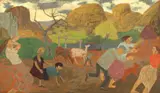 Grégoire Michonze, Scène de village animé, 1963, ulei pe pânză
