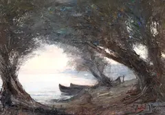 În Deltă by Ion Panteli Stanciu, 1934, ulei pe carton, sold Oct 2025