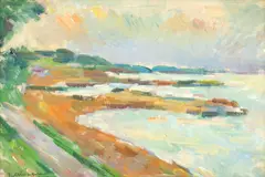 Marină la 2 Mai by Ion Musceleanu, ulei pe pânză lipită pe carton, sold Oct 2025