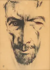 Rege nebun by Manuell Mănăstireanu, 2020, cărbune și accente de acuarelă pe hârtie, sold Oct 2025