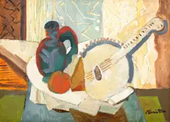 Ion Minoiu, Natură statică cu mandolină și ulcior, ulei pe pânză