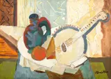 Ion Minoiu, Natură statică cu mandolină și ulcior, ulei pe pânză