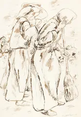 Mihai Sârbulescu, În curtea mânăstirii, 2008, tuș și laviu pe hârtie