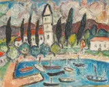 Antun Masle, Harbor with Church and Cypress Trees (Slano), 1960-ih, oil on canvas glued to plywood using hot glue