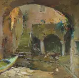Carmino Butcovich-Visintini, In the Courtyard, oil on cardboard