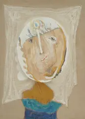 Nives Kavurić-Kurtović, Scarf Breeze, 1998., assemblage: oil, colored pencil and charcoal on board (head) and oil on masonite (shoulders)