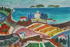 Stipe Nobilo, Landscape with a Small Church on Punti, tempera, watercolor and gouache on paper