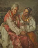 In Conversation by Nikolai Vasilievich Kharitonov, oil on canvas, sold Oct 2025