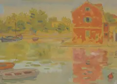 Miron Makanec, Red Cottage, watercolor on paper